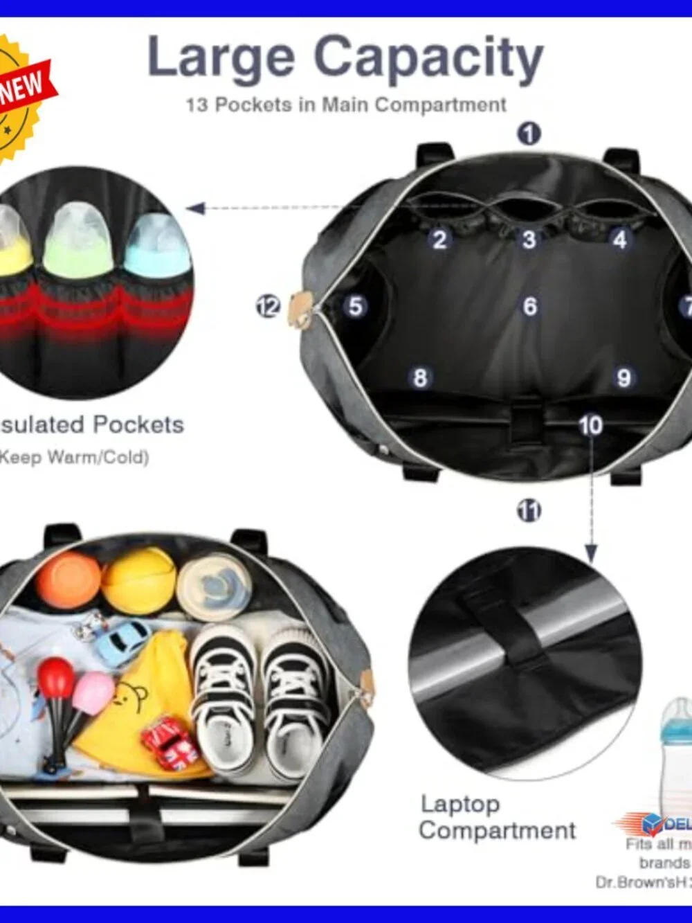 Large Nylon Diaper Bag Tote with Changing Pad, Insulated Pockets, Stroller